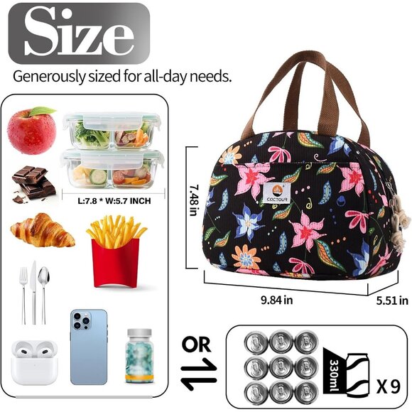 Cute Floral Corduroy Lunch Box for Women & Teens, Insulated Tote for Work/School - Picture 5 of 7